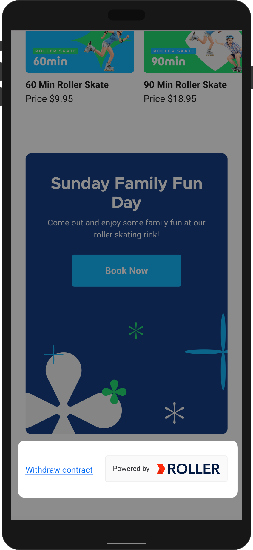 Promotional image for Sunday Family Fun Day at a roller skating rink.